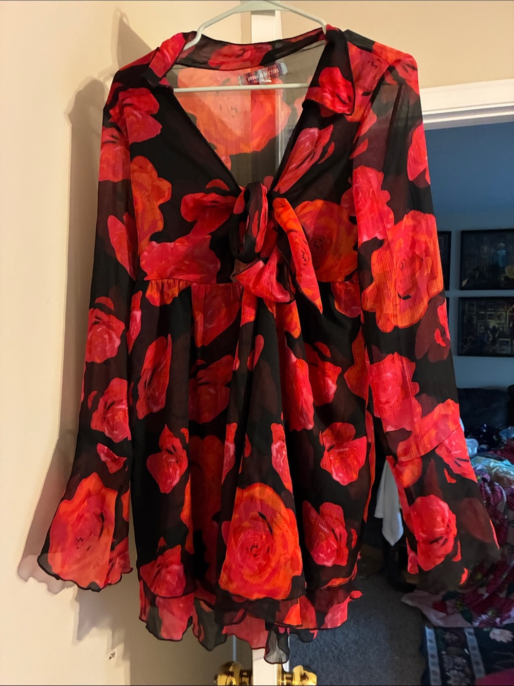 Urban Outfitters Black Mini Dress with Red Floral Tie-Front